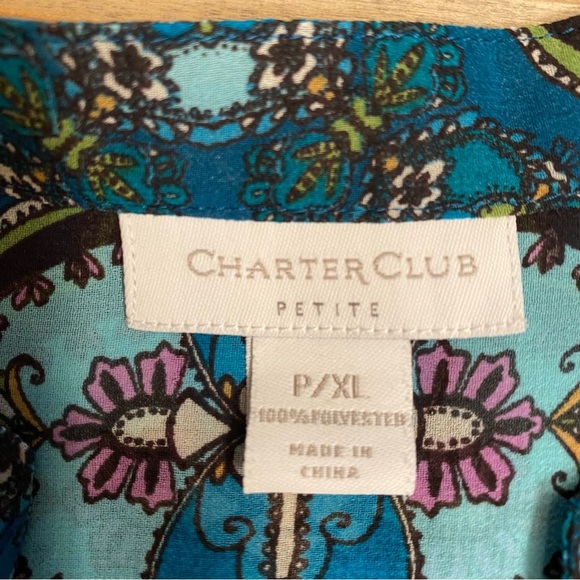 Charter Club XL-Petite Teal Paisley Blouse V-Neck Pin Tuck Pleats 3/4 sl… - Picture 3 of 14